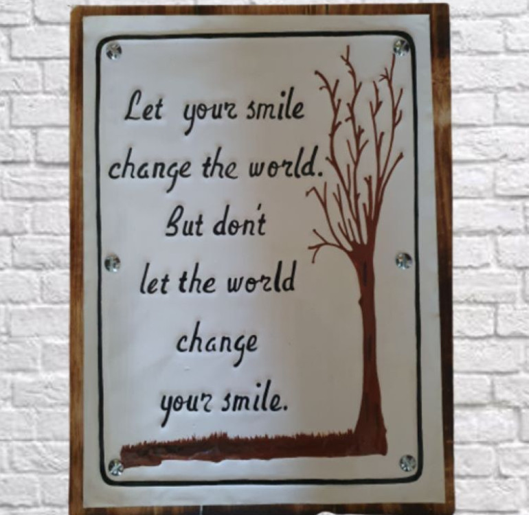 wood and tin art Let Your Smile change the world