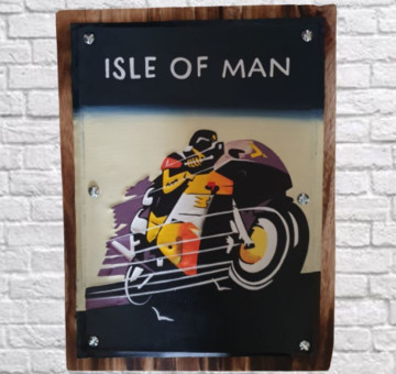 wood and tin artwork Isle Of Man Motorbike