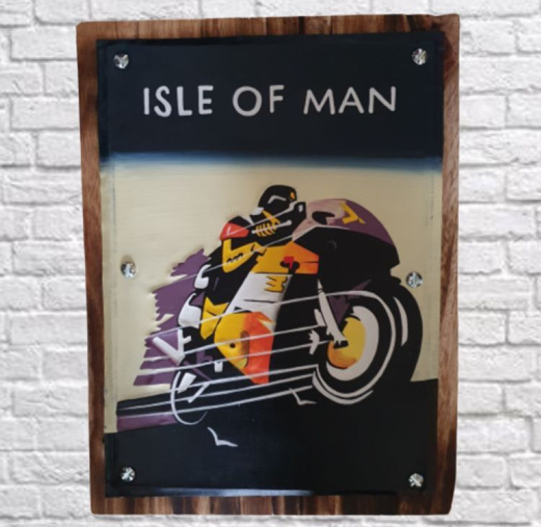 wood and tin artwork Isle Of Man Motorbike