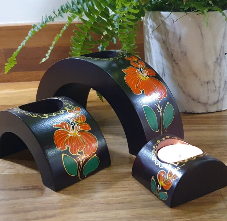 hand Crafted Orange Flower Design Arch Candle Holder set of 3