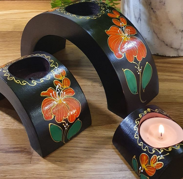 hand Crafted Orange Flower Design Arch Candle Holder set of 3