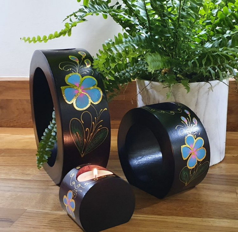 Hand Crafted wooden Blue Flower design set of candle holders