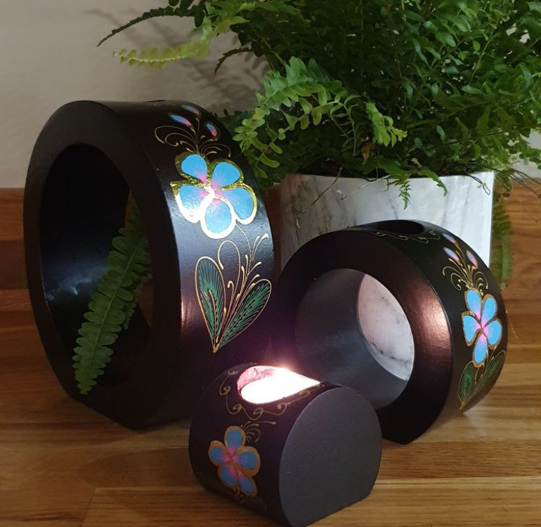 Hand Crafted wooden Blue Flower design set of candle holders