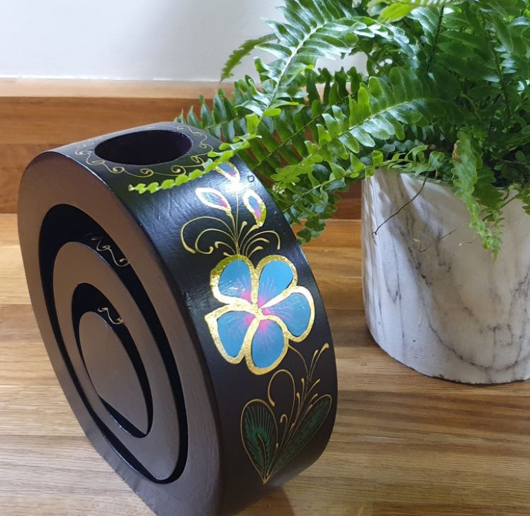 Hand Crafted wooden Blue Flower design set of candle holders