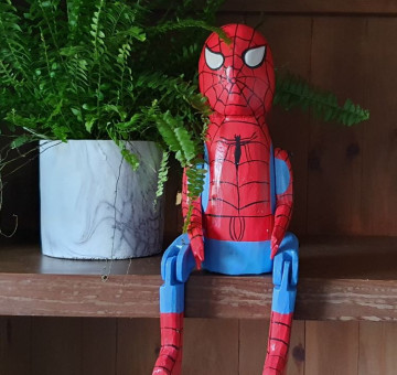 hand carved shelf puppet, wooden spiderman