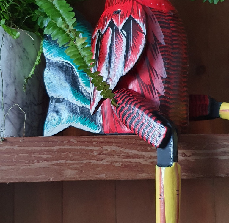 hand carved wooden shelf puppet red chicken