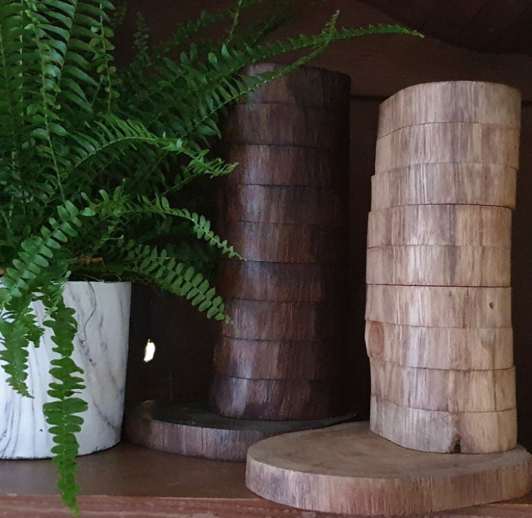 hand carved natural and dark finish teak candle t-light holders