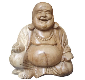 a hand carved sitting laughing buddha sculpture