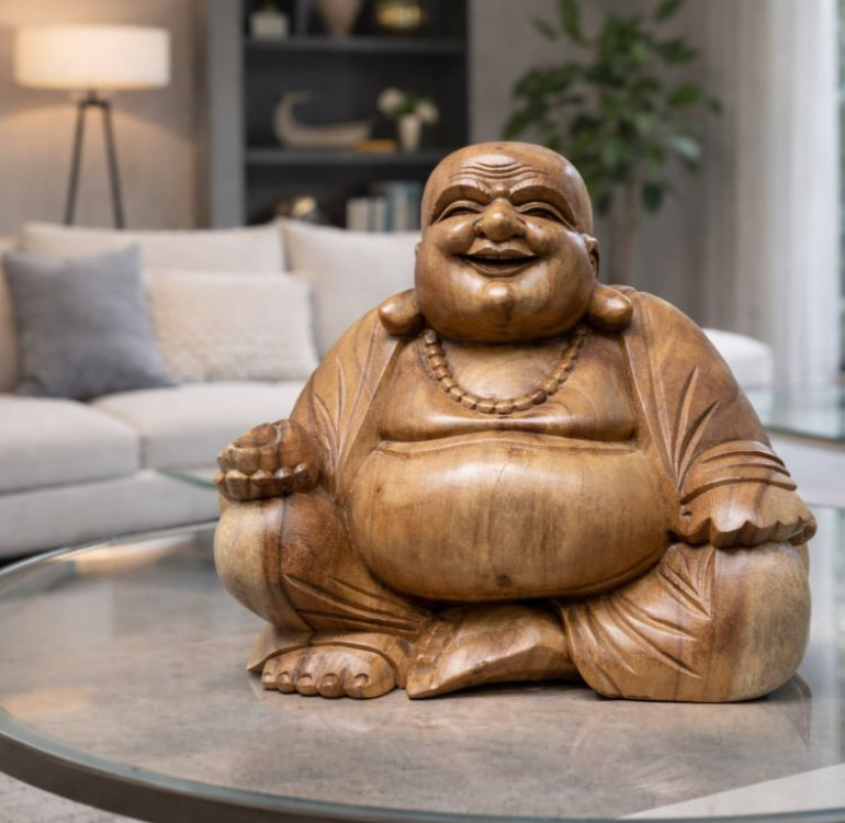 a hand carved sitting laughing buddha sculpture