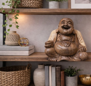 A hand carved wooden laughing buddha