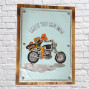 A wooden backboard with a painted tin front reading leave the Main Road with a motorbike and rider underneath