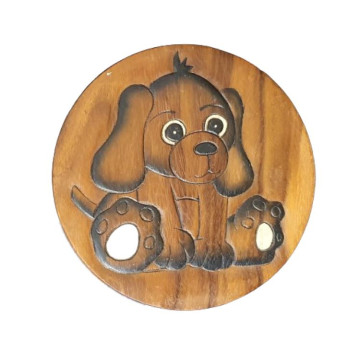 A handmade wooden stool with a hand painted brown puppy