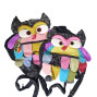 an image of 2 handmade patchwork owl handbags, made of recycled materials, long hanging loop and zip up back.