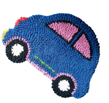 a blue car shaped mat / rug