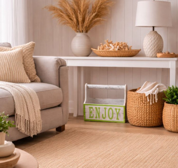 a white painted wooden crate with handle with green wording on the side saying Enjoy