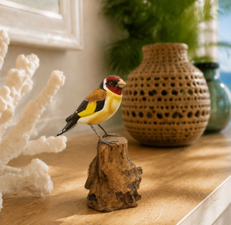 hand carved Goldfinch on wood