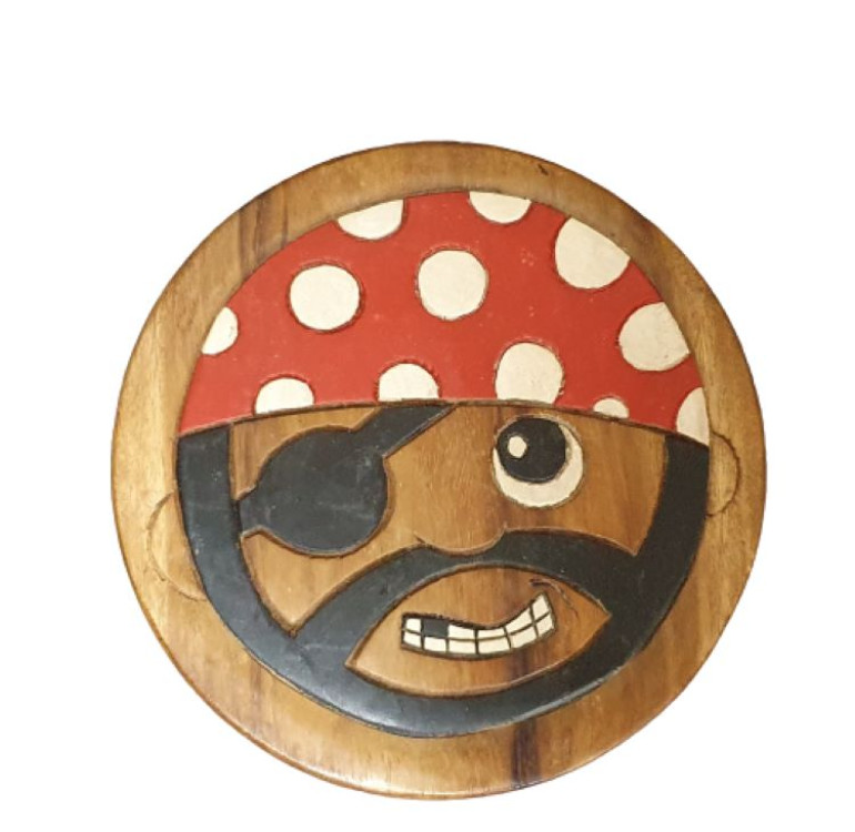 a hand painted pirate face on a handcrafted wooden childrens stool