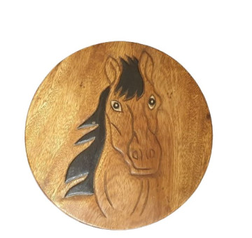 a horse head on a wooden childrens stool