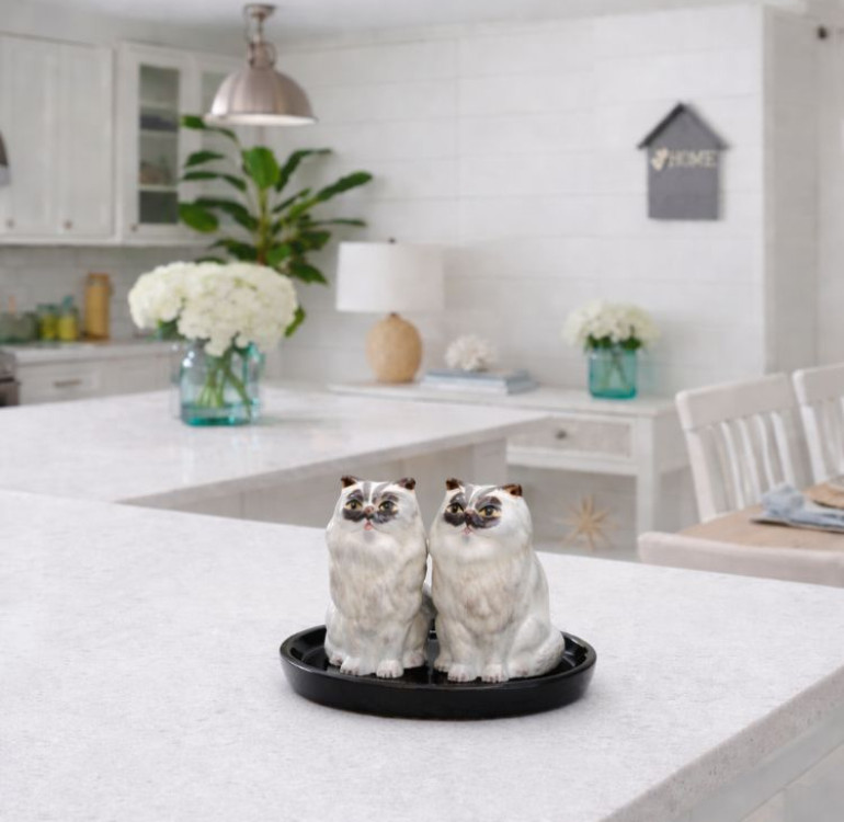 A ceramic set of grey cat salt and pepper shakers on a base