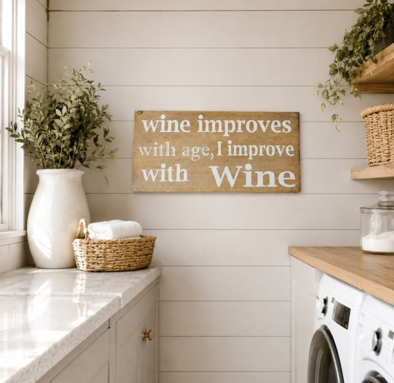 a wooden painted hanging sign, with natural wooden background and wording of Wine improves with age, I improve with wine written in white