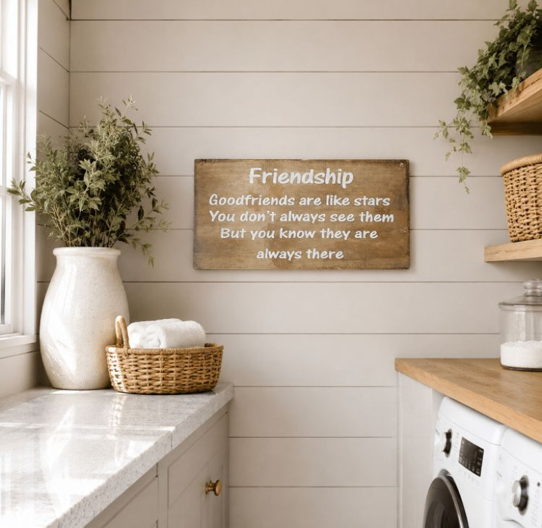 a hanging wooden background sign with hanging string and a friendship message on the front
