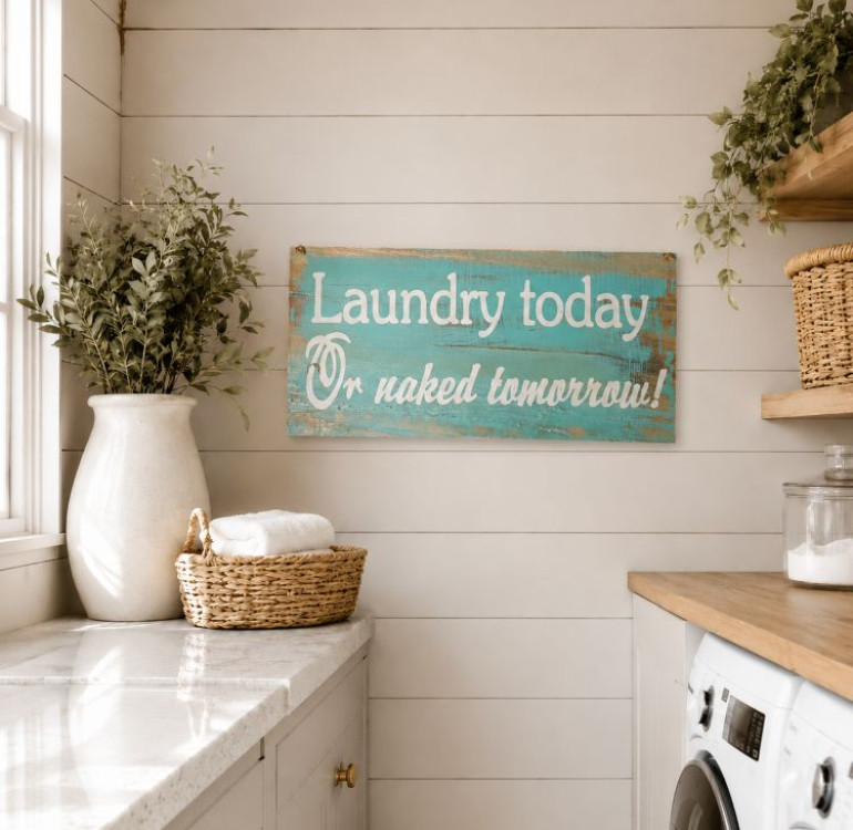 a laundry utility room wooden painted sign saying Laundry today or naked tomorrow