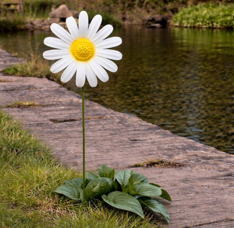 an image of a metal yellow and white metal daisy ornament