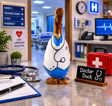 an image of a handcarved and hand painted bamboo duck with the character painted on doctor, nurse