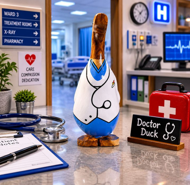 an image of a handcarved and hand painted bamboo duck with the character painted on doctor, nurse