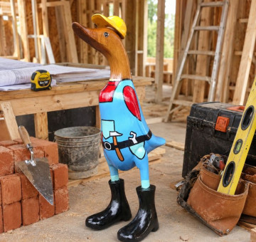 an image of a bamboo duck dressed hand painted as a builder handyman