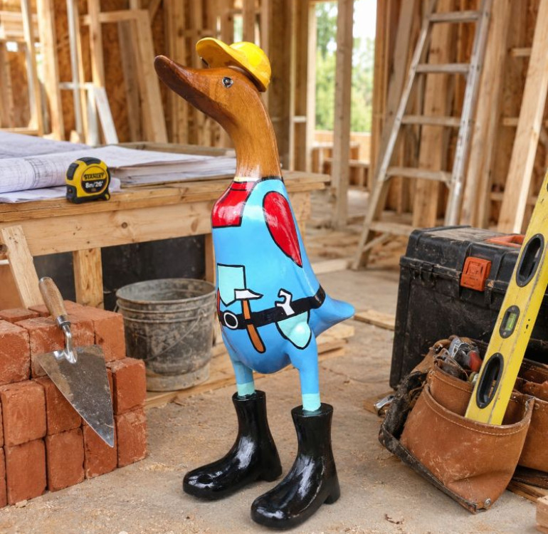 an image of a bamboo duck dressed hand painted as a builder handyman