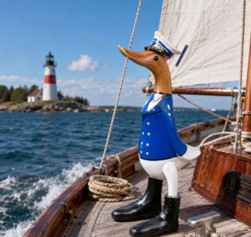 a hand carved bamboo duck with the character of a Sailor in the Navy