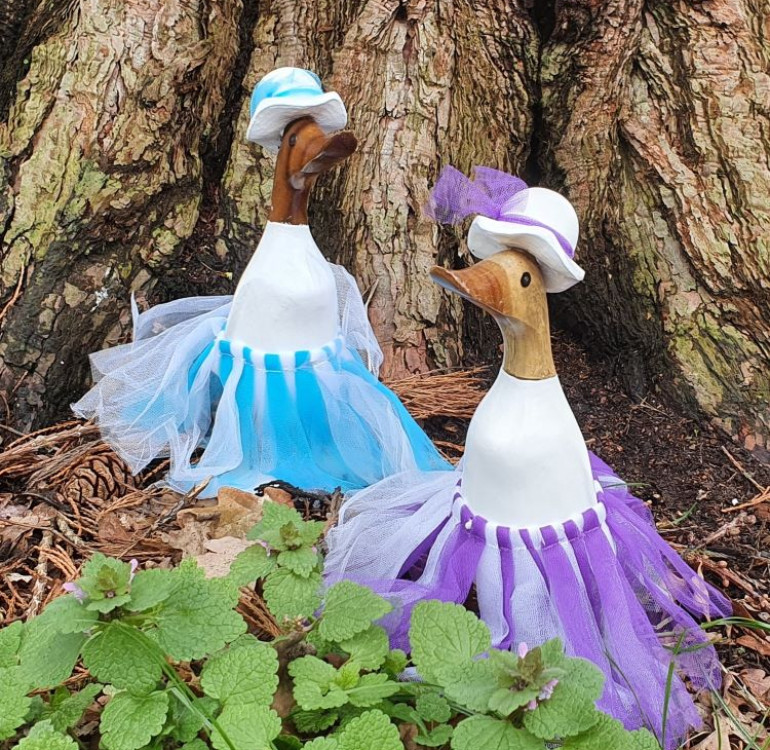 an image of 2 bamboo ducks in blue and purple dresses with hats and corresponding bow ribbons on