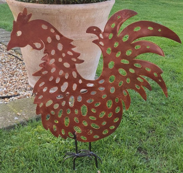 An image of a hand crafted metal rooster garden sculpture