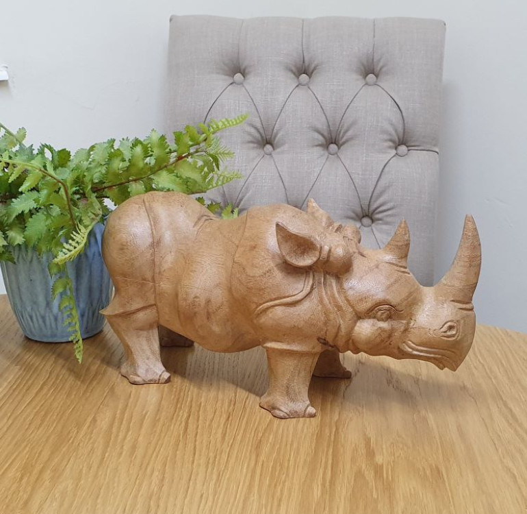 An image of a wooden hand carved Rhino, Rhinoceros ornament