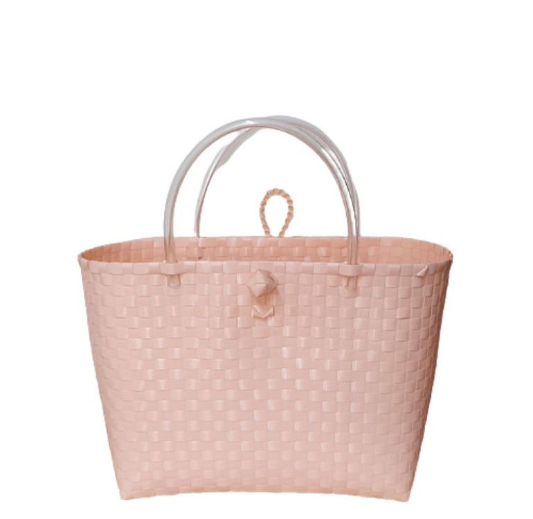 light peach hand woven recycled plastic tote bag