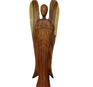 a large 1 metre tall hand carved praying angel. Floor standing in a natural finish