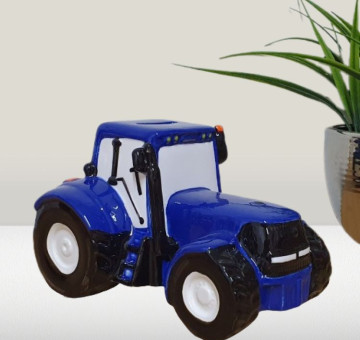 a Ceramic royal blue hand painted Tractor money box.