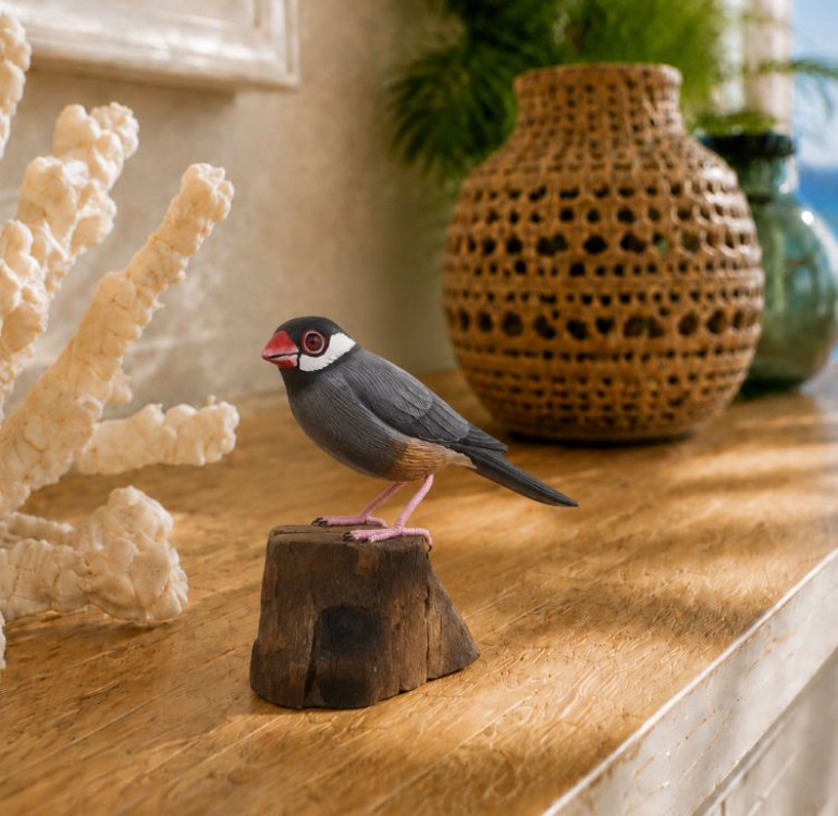 a hand carved and hand painted Java Sparrow standing on a piece of wood