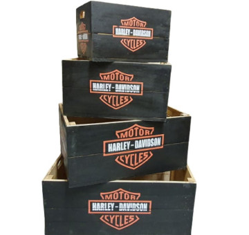 wooden crates with a motorcycle logo on the side, various sizes