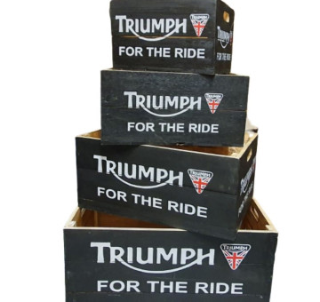 wooden crates with a motorcycle logo on the side, various sizes