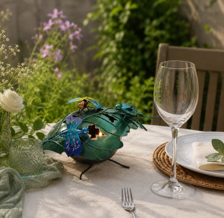 Travellers Finds metal T-Light holder, a leaf bowl with liftable lid with 3 dragonflies on top