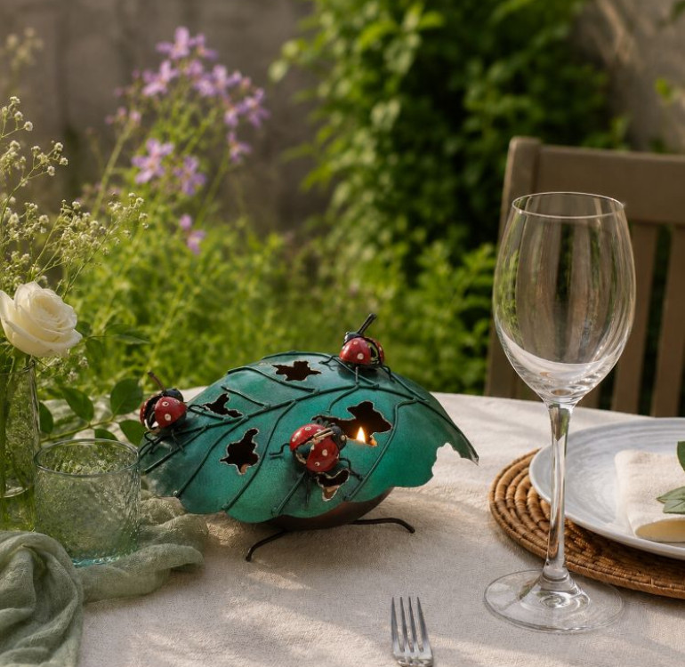 Travellers Finds metal T-Light holder, a leaf bowl with liftable lid with 3 dragonflies on top