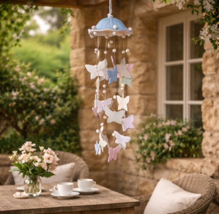 a beautiful handcrafted ceramic hanging butterfly windchime.