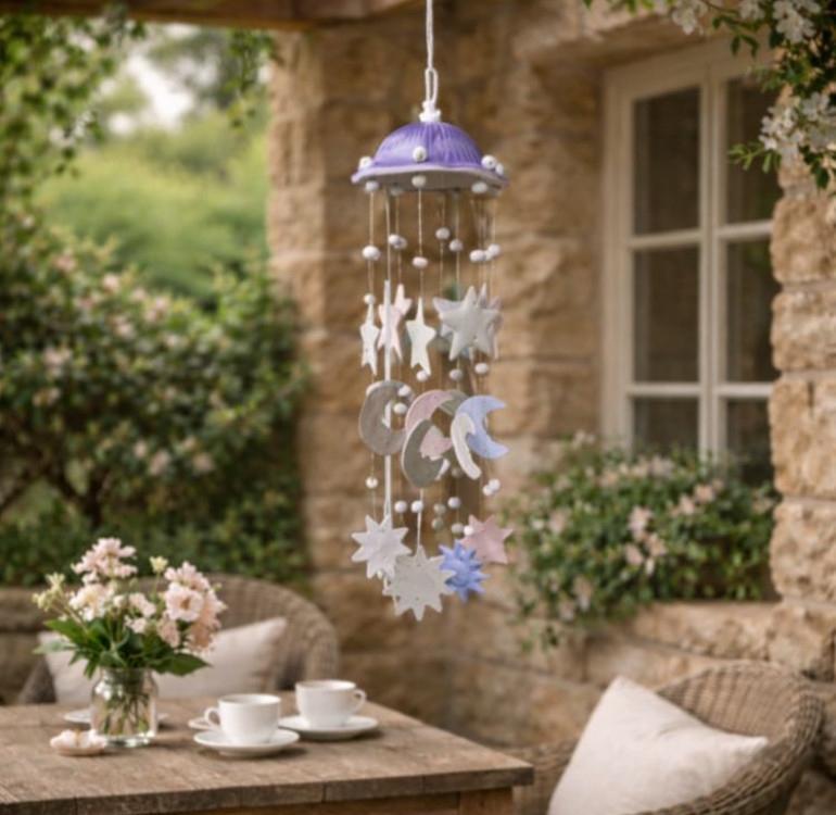 a beautiful handcrafted ceramic hanging sun moon and stars windchime.