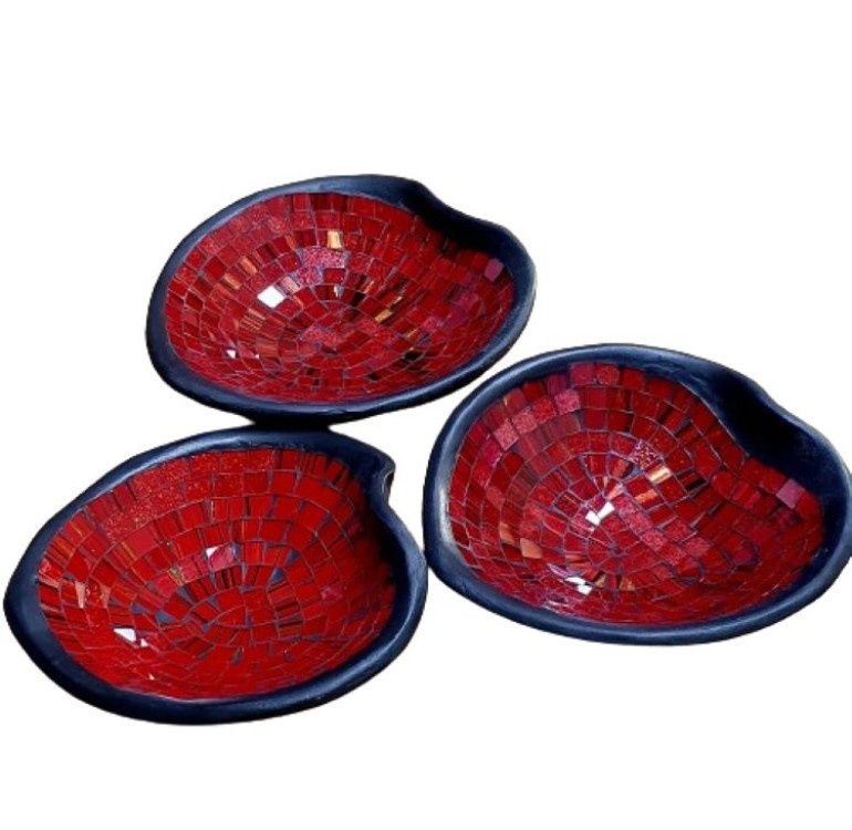 3 black and red mosaic bowls handcrafted