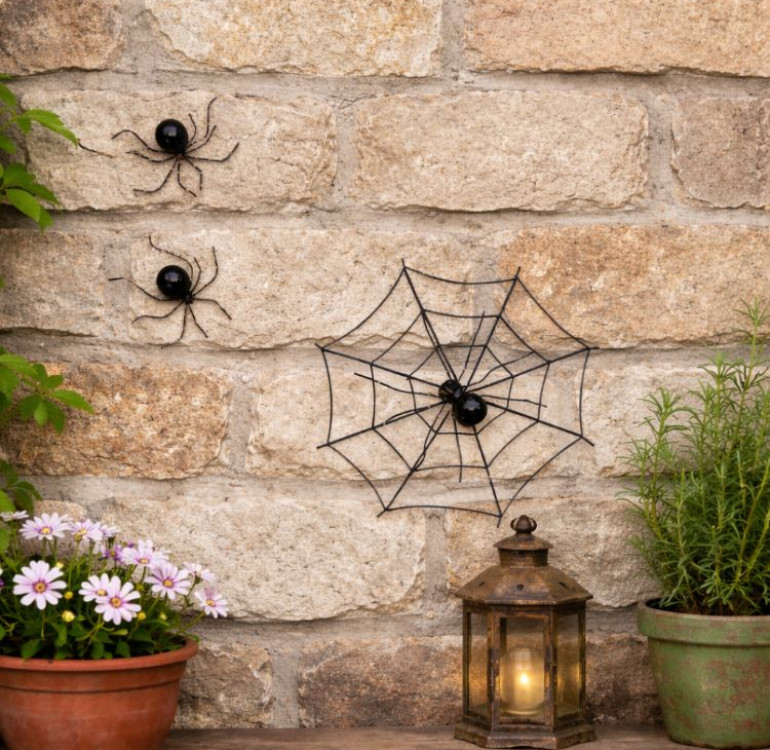 Metal spider on web decoration