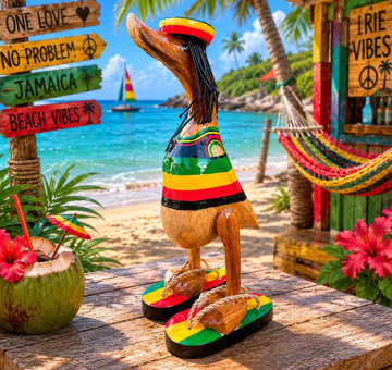 Handmade Bamboo Duck &ndash; Rastafarian Style Bring good vibes and island flair to your space with this one-of-a-kind handmade bamboo duck, styled in vibrant Rastafarian colors. Each duck is hand-carved from sustainable bamboo and painted with the iconic red, yellow, green, and black hues inspired by reggae culture. With its laid-back charm and eco-friendly roots, this quirky piece adds a splash of personality to any home, garden, or gift collection. A perfect conversation starter and a unique tribute to peace, love, and natural living.