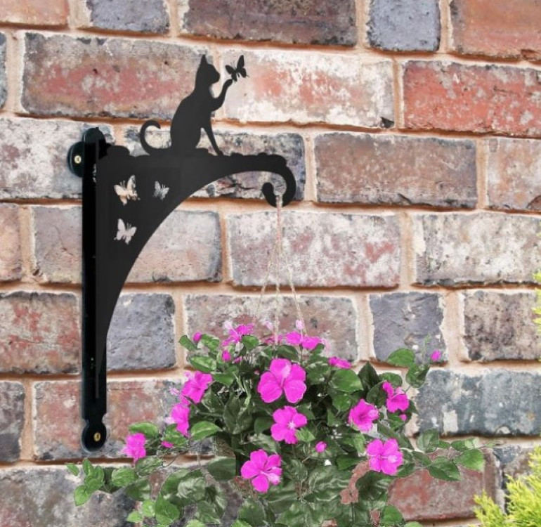 A silhouette of a black metal wall cat bracket for hanging baskets