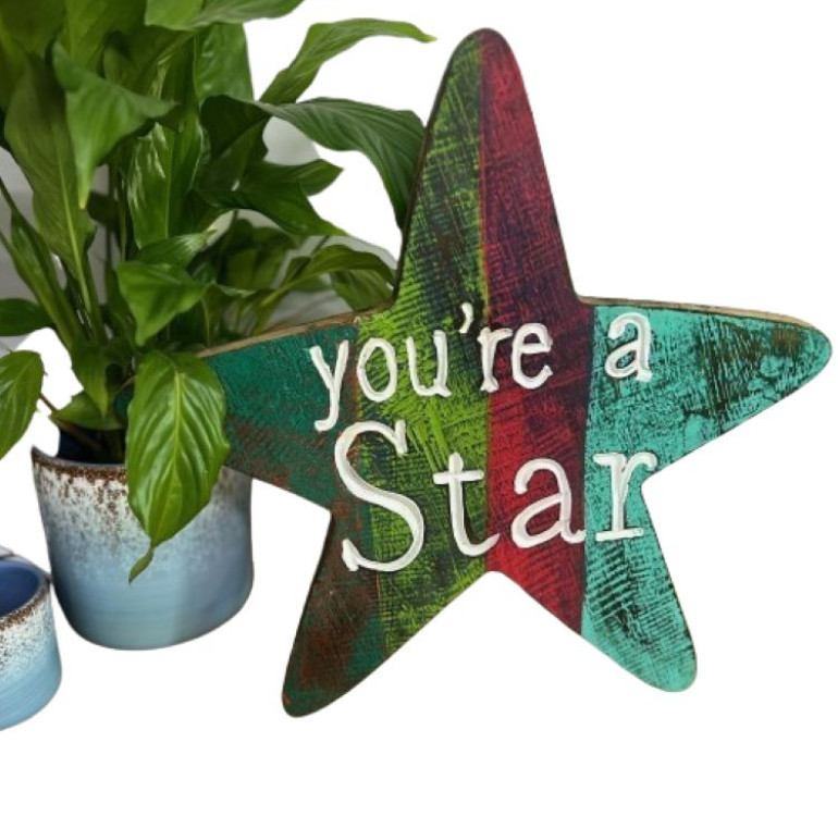 hand painted wooden sign in greens and reds. You're a star painted in white on the front.